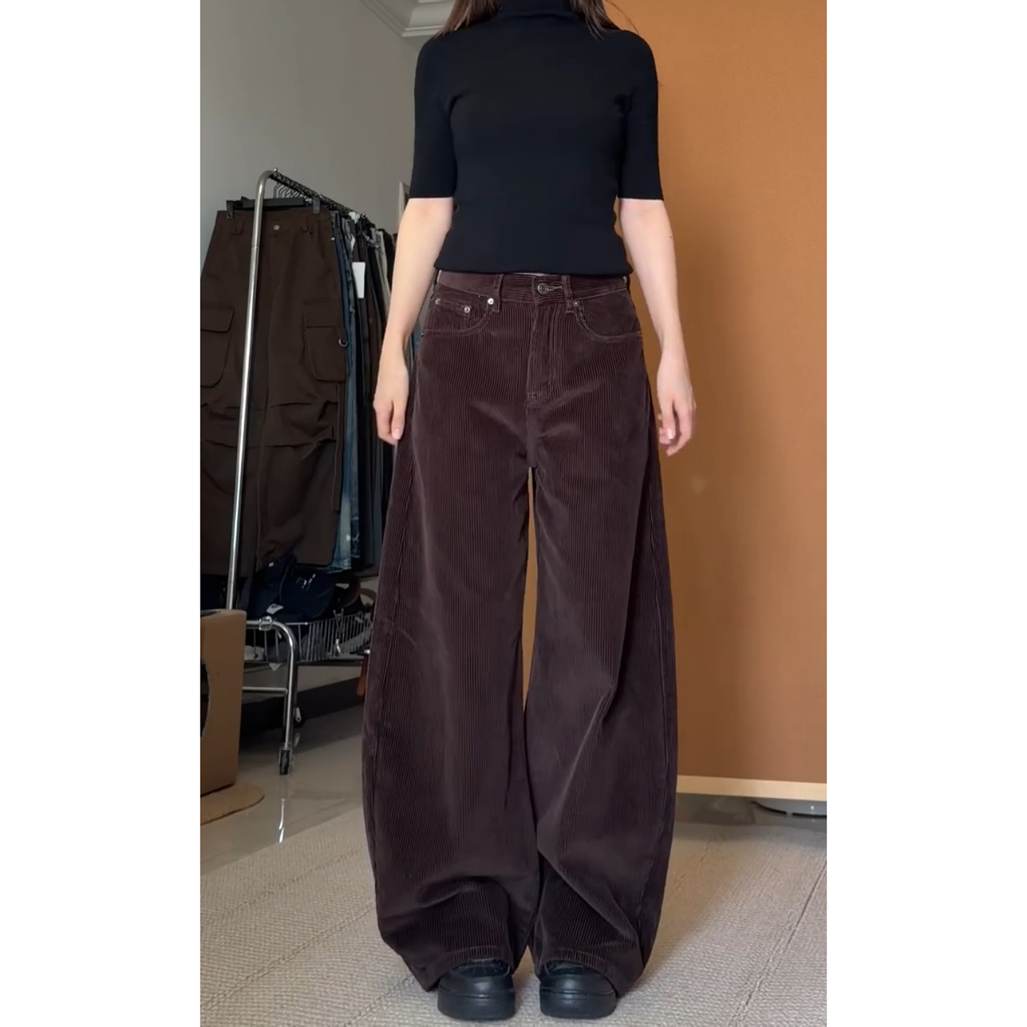 美式复古灯芯绒阔腿弯刀裤