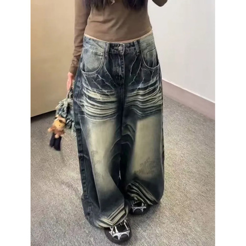 大码美式复古做旧阔腿牛仔裤女