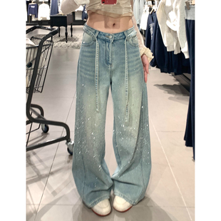 高腰保暖阔腿拖地裤 大码 女秋冬新款 复古加绒满天星烫钻牛仔裤 美式