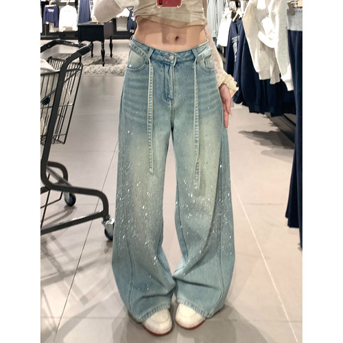 大码美式复古满天星烫钻牛仔裤