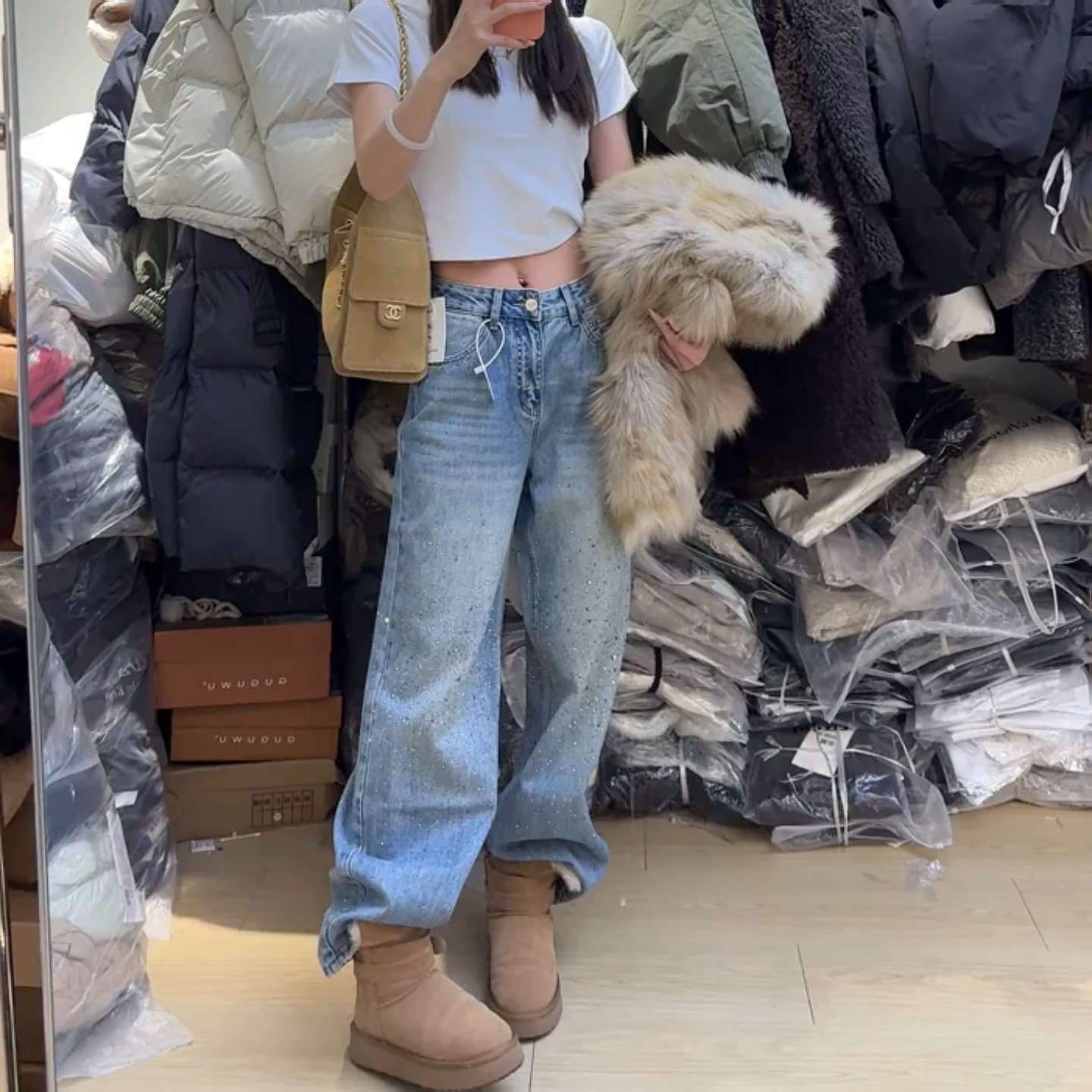 美式复古满天星烫钻设计感牛仔裤女大码高腰直筒宽松显瘦阔腿长裤,女装/女士精品,大码裤装,淘宝优惠券,粉丝福利购,淘宝优惠卷