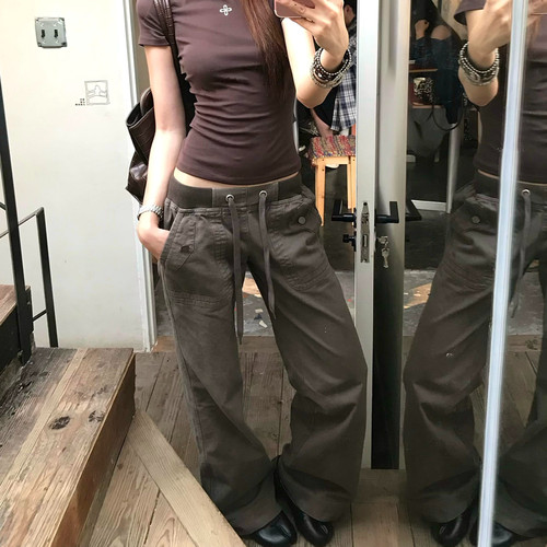 大码美式复古低腰微喇工装显瘦裤