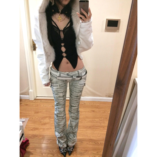 女低腰弹力紧身裤 复古辣妹y2k亚文化染色磨破微喇牛仔裤 美式 大码