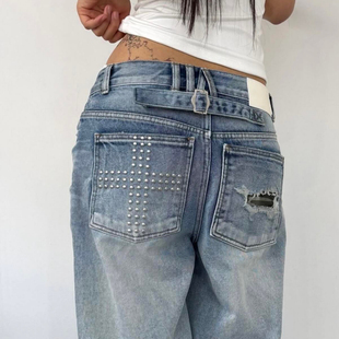 大码美式复古水洗十字架铆钉阔腿牛仔裤男女宽松休闲直筒百搭长裤