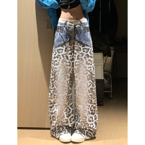 大码欧美风复古豹纹阔腿牛仔裤