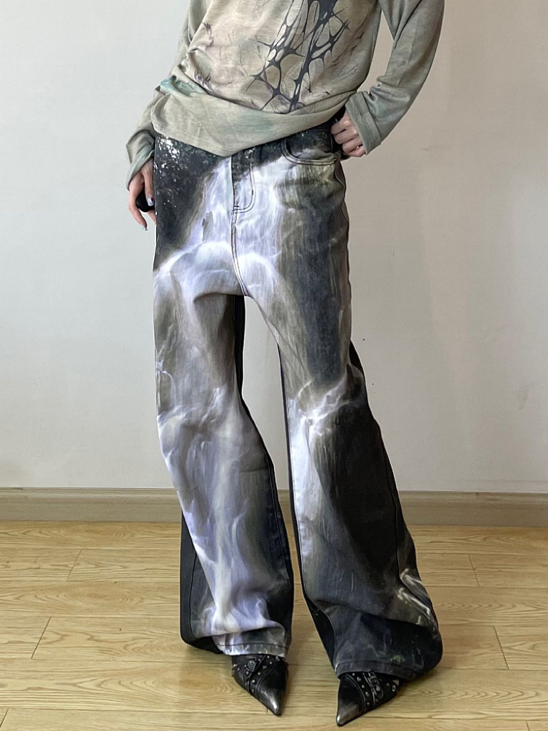 대형 아메리칸 스트리트 헤비듀티 워시 폭포 프린트 청바지 여성 디자인 루즈 캐주얼 와이드 레그 바지 트렌디