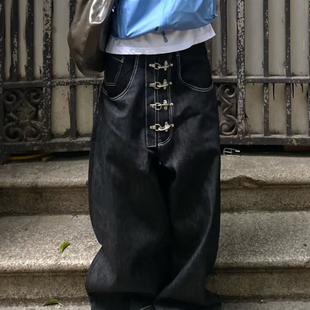 宽松阔腿弯刀长裤 大码 男女2025新款 街头多排扣设计感牛仔裤 潮 美式