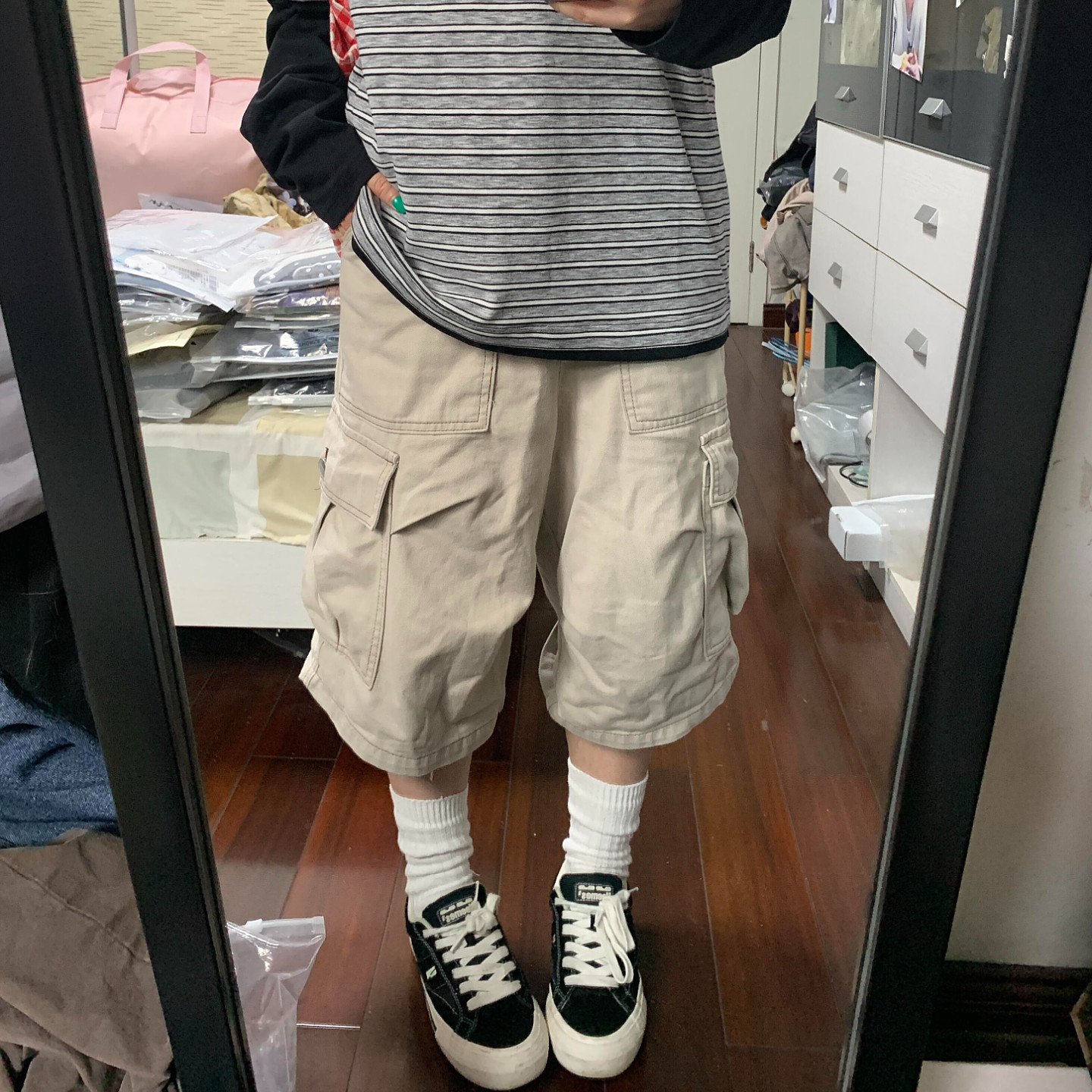 美式复古工装七分裤女多口袋宽松百搭休闲阔腿中裤大码胖mm裤子潮