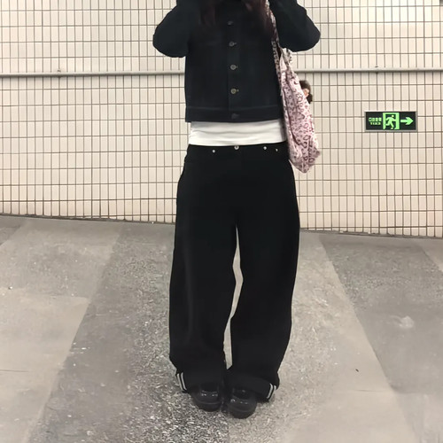 大码美式复古高街阔腿牛仔裤女
