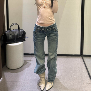 辣妹低腰直筒长裤 大码 女2026新款 复古水洗双腰头微喇牛仔裤 子 美式