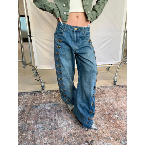 大码美式复古排扣宽松牛仔裤女