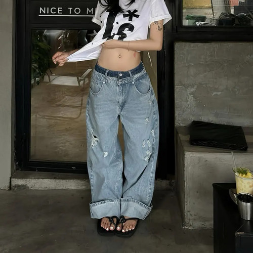 大码高街破洞阔腿牛仔裤女新款