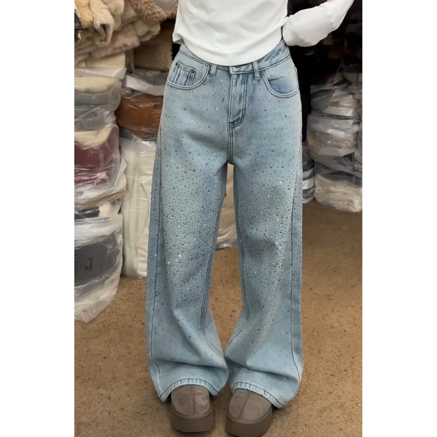 大码美式复古重工爆闪烫钻牛仔裤女2026新款设计感宽松直筒阔腿裤,女装/女士精品,大码裤装,淘宝优惠券,粉丝福利购,淘宝优惠卷