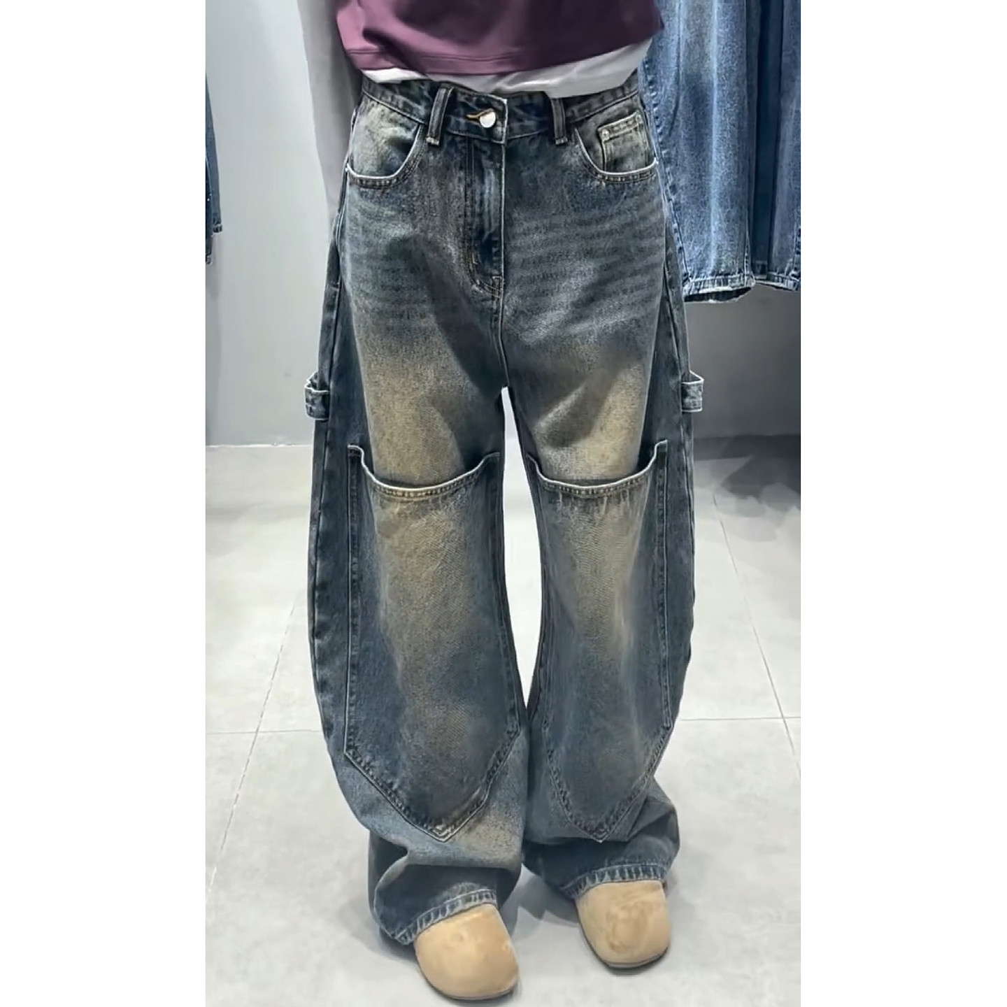 大码美式复古设计感大口袋牛仔裤男女高街水洗做旧宽松弯刀长裤潮,女装/女士精品,大码裤装,淘宝优惠券,粉丝福利购,淘宝优惠卷