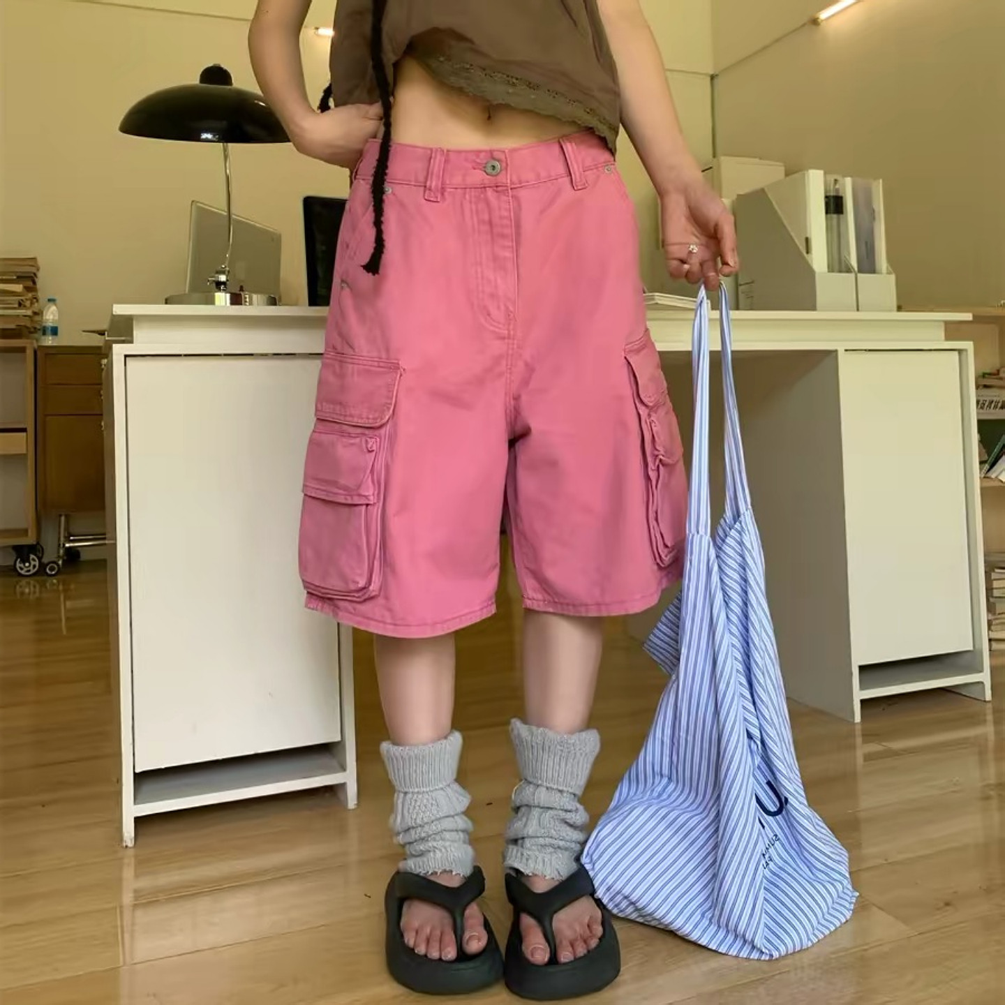 大码美式复古多口袋工装牛仔七分裤女夏季新款宽松直筒阔腿短裤子