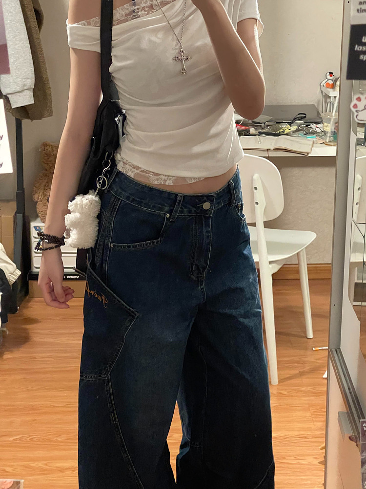 남성과 여성을 위한 대형 미국 복고풍 입체 실루엣 초승달 모양의 청바지 틈새 디자인 루즈한 와이드 레그 바닥 길이 바지 트렌디