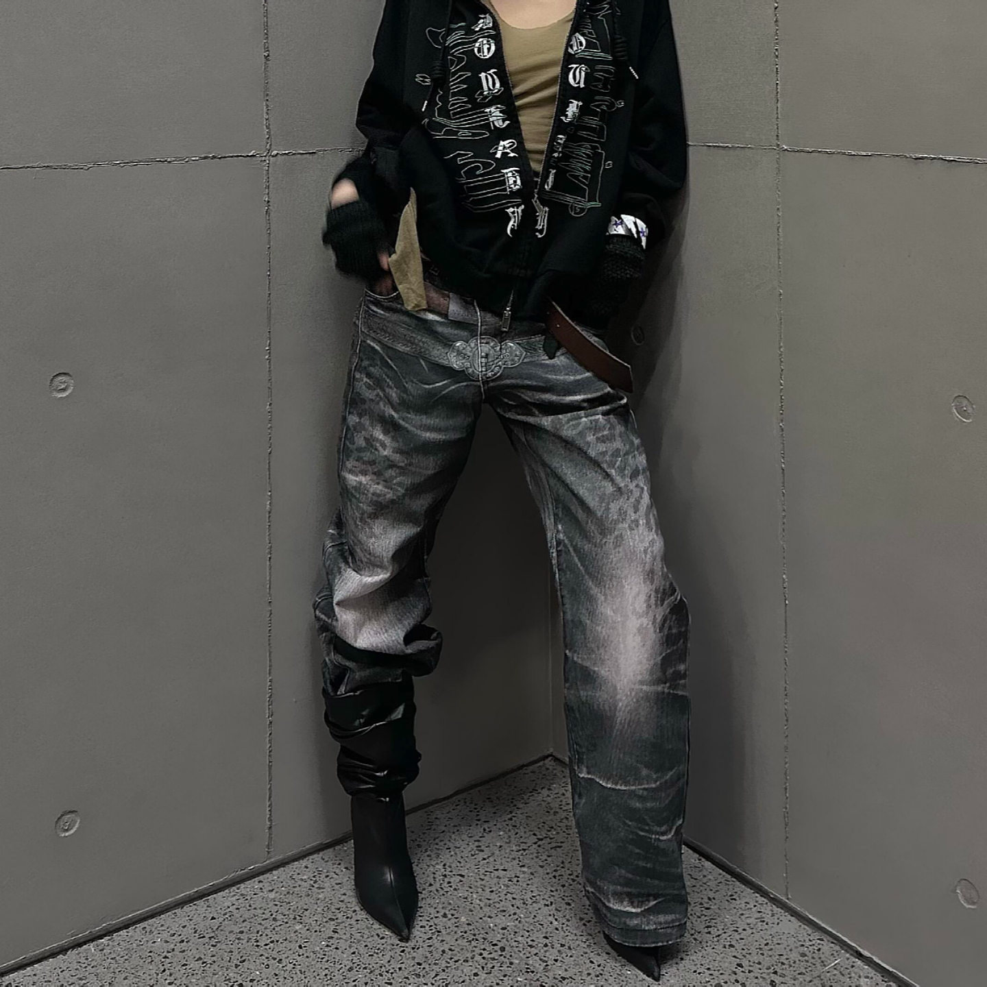 大码美式复古水洗豹纹牛仔裤