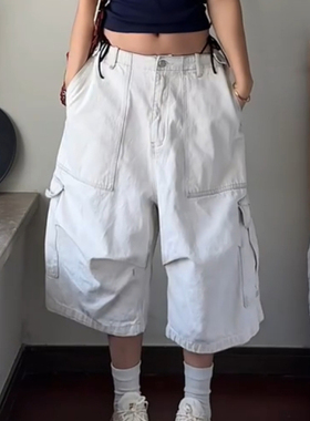 大码美式高街vibe大口袋工装牛仔短裤男女夏季休闲宽松阔腿七分裤