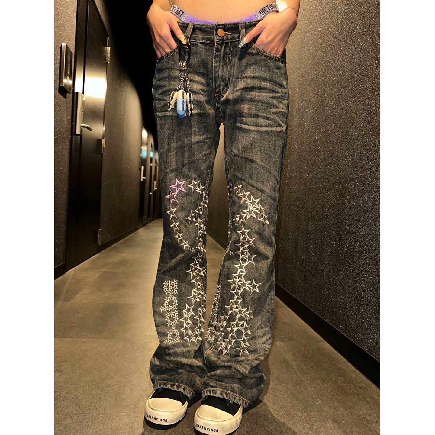 休闲纯色高腰长裤街头牛仔面料