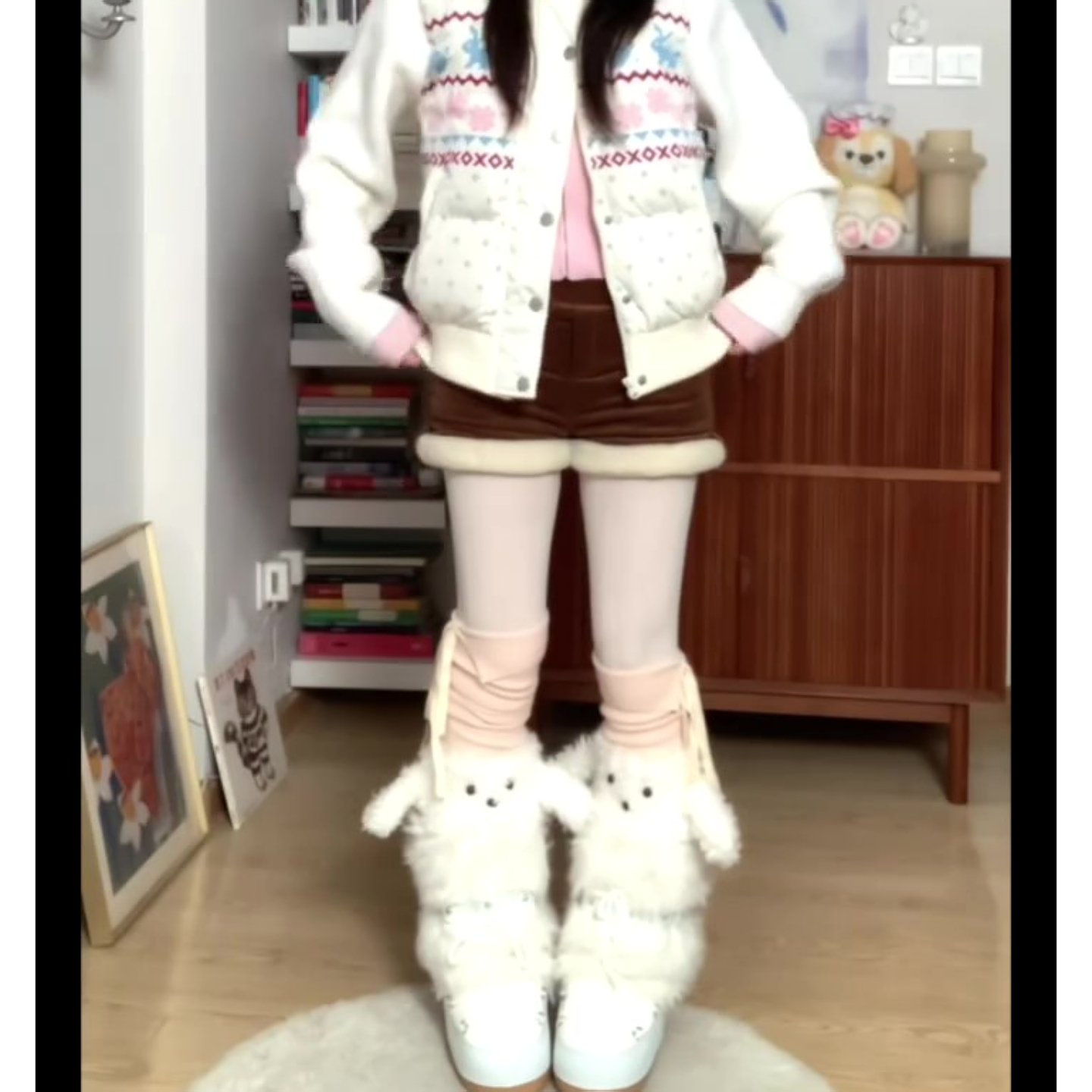 大码美式复古棕色毛绒短裤女