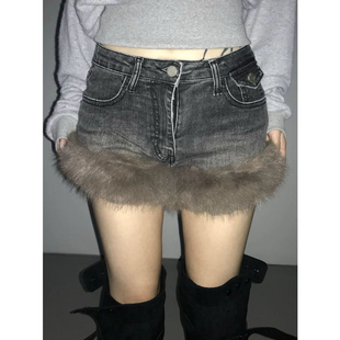 美式 毛毛边包臀靴裤 辣妹毛毛拼接牛仔短裤 性感热裤 女低腰修身 大码