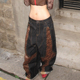 美式 复古十字架拼接豹纹牛仔裤 女新款 大码 街头朋克宽松弯刀长裤 潮