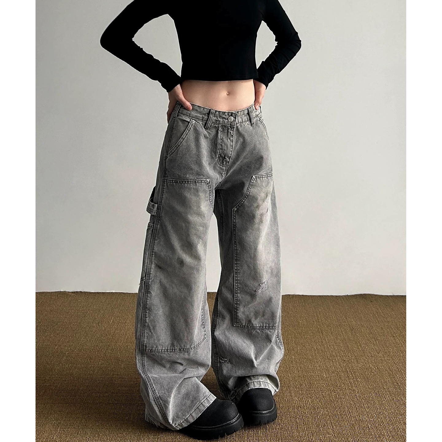 大码美式复古水洗脏染工装牛仔裤