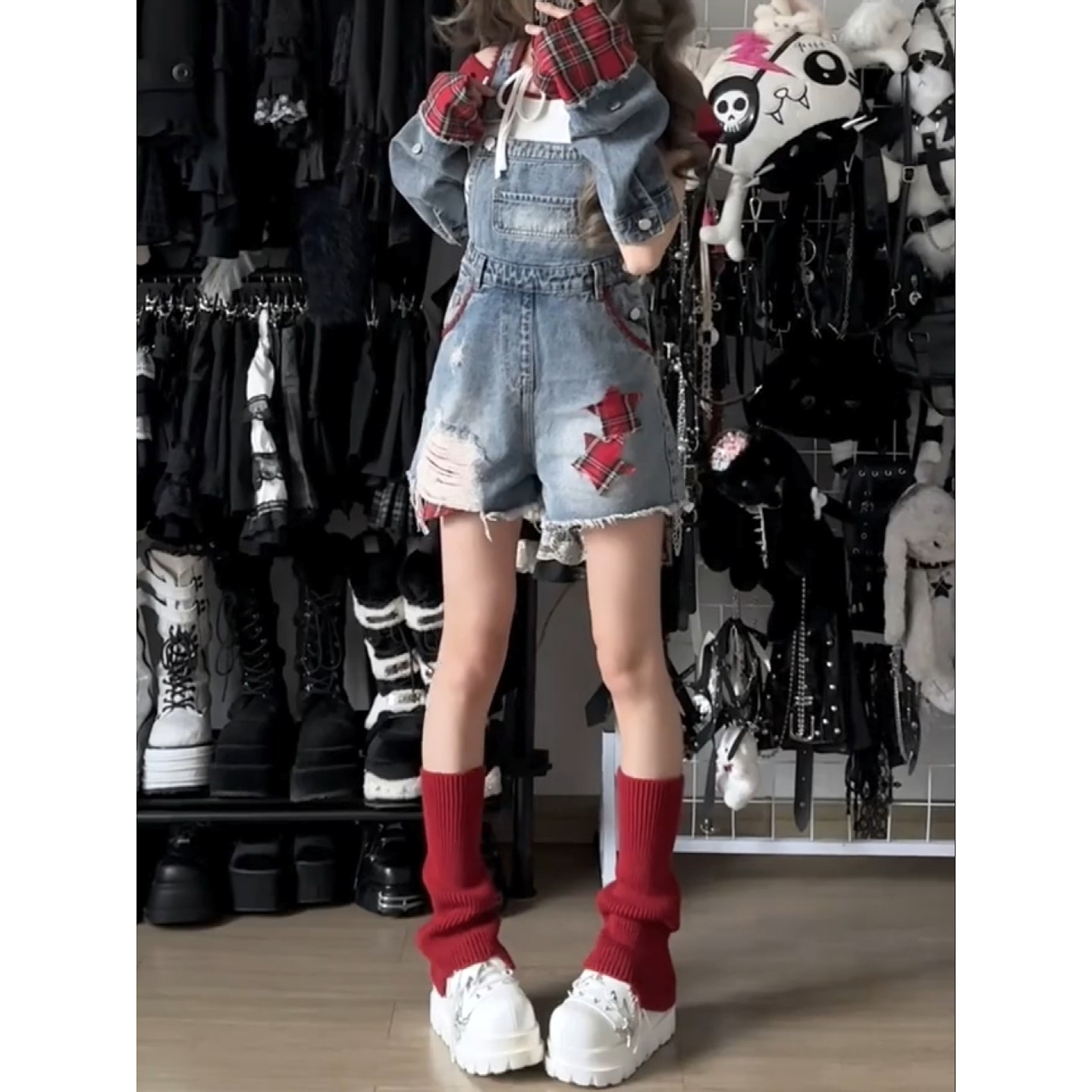 美式复古红格撞色拼接牛仔背带裤女y2k辣妹设计感宽松百搭热裤潮