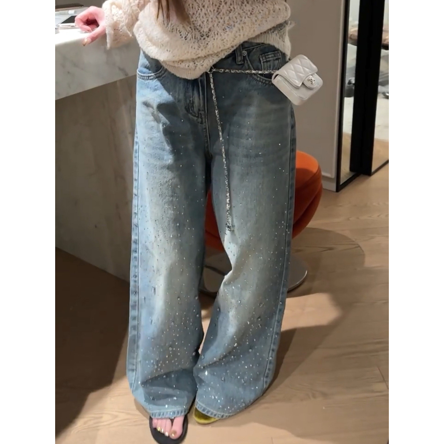 大码美式复古水洗钉钻设计感牛仔裤女秋冬新款宽松阔腿直筒拖地裤,女装/女士精品,大码裤装,淘宝优惠券,粉丝福利购,淘宝优惠卷