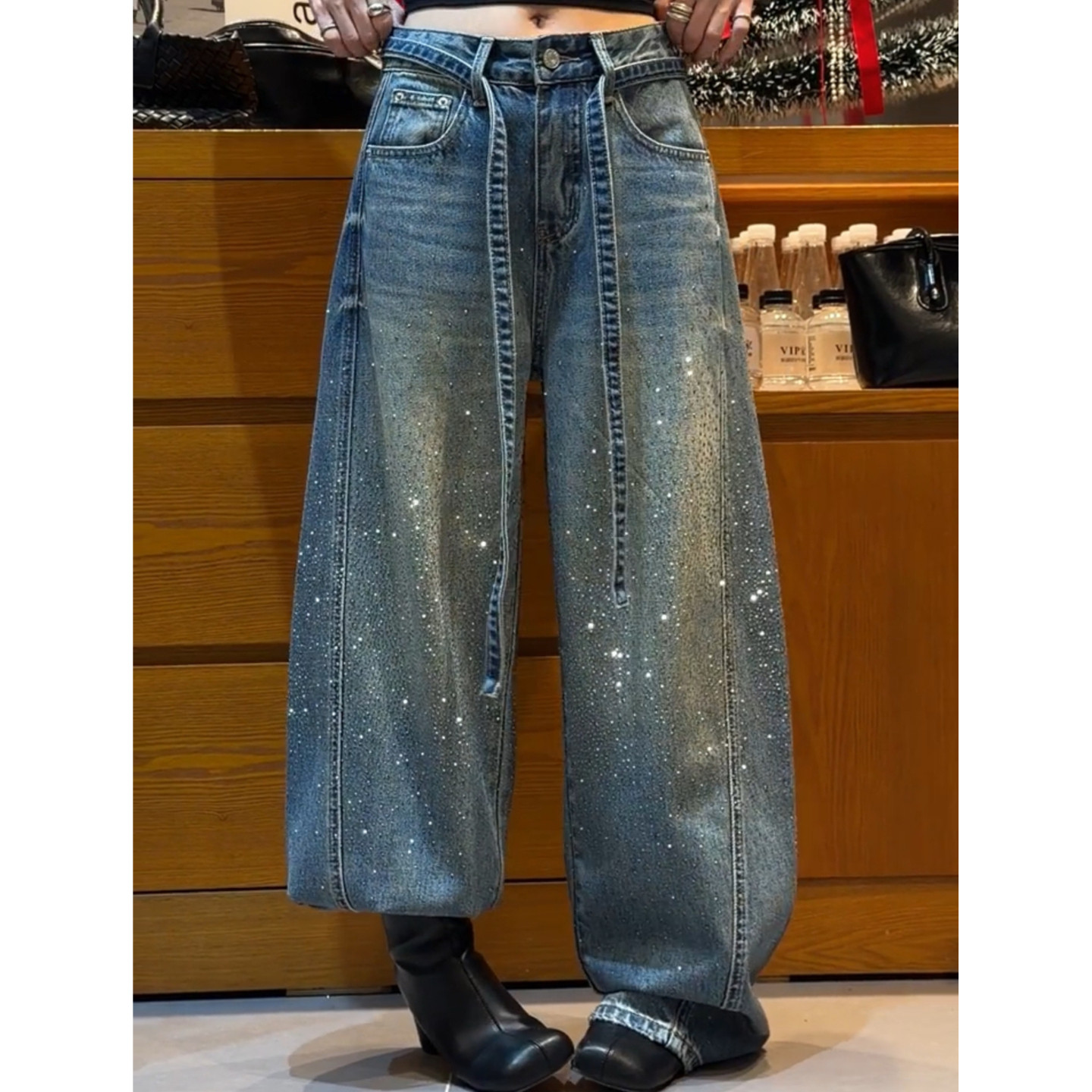 美式大码复古满天星烫钻阔腿牛仔裤女2026春季新款宽松直筒拖地裤,女装/女士精品,大码裤装,淘宝优惠券,粉丝福利购,淘宝优惠卷
