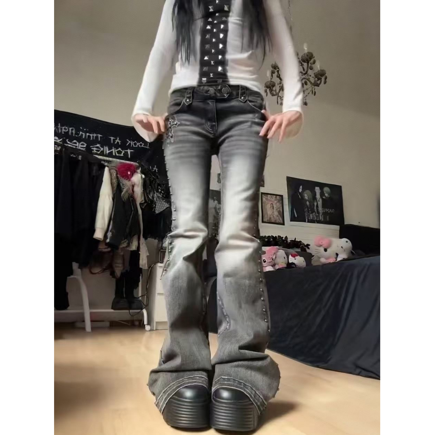 大码美式复古水洗牛仔裤