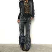 男女高街宽松显瘦垂感阔腿裤 复古做旧花纹烫钻水洗牛仔裤 美式 大码