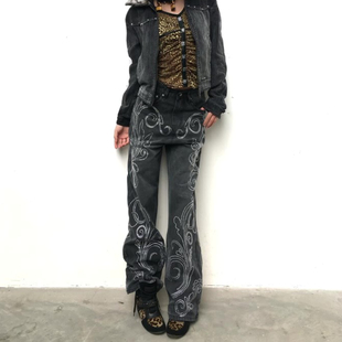 大码美式复古做旧花纹烫钻水洗牛仔裤男女高街宽松显瘦垂感阔腿裤