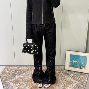 显瘦微喇辣妹休闲裤 大码 女黑色修身 y2k亚文化星链印花牛仔裤 美式