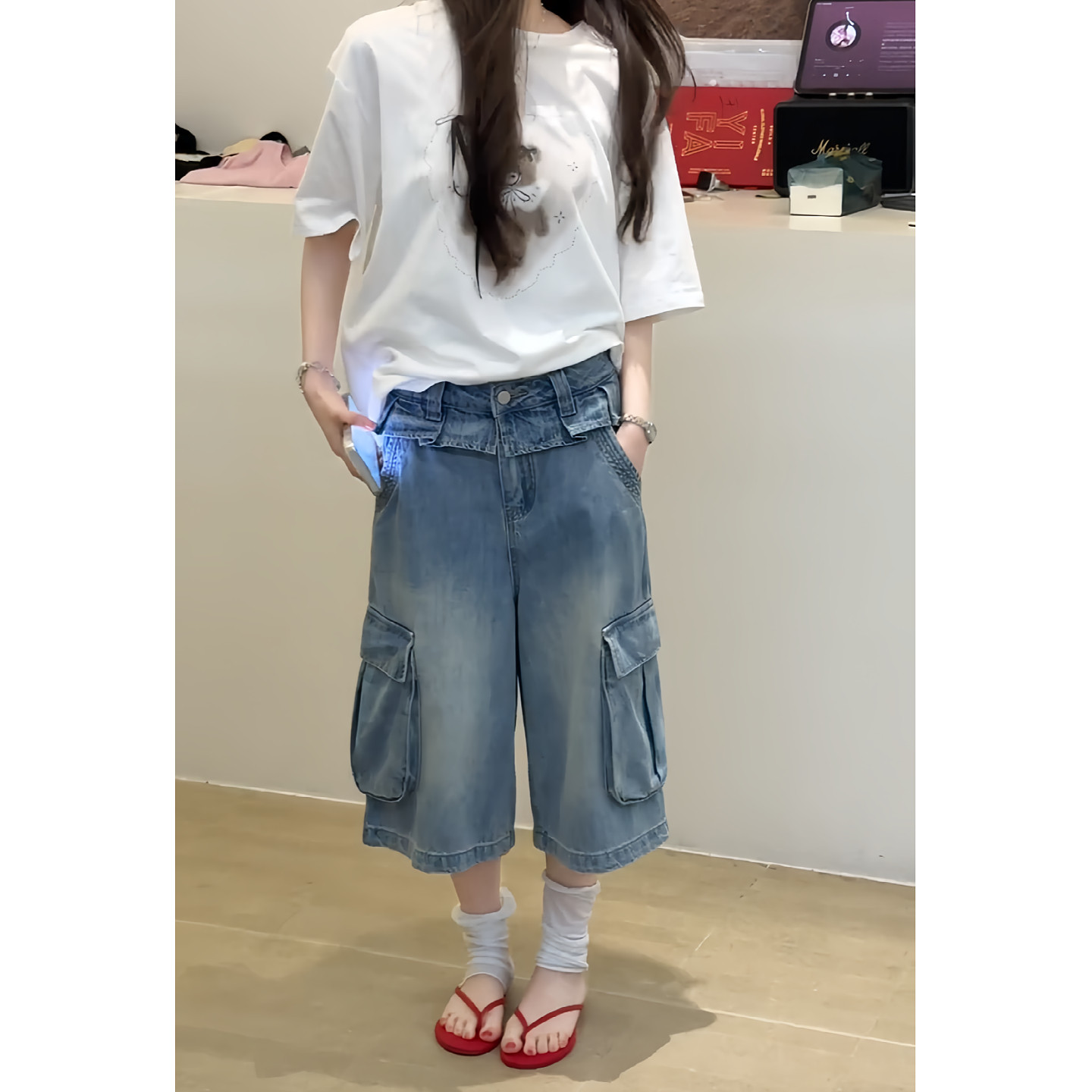 大码美式复古大口袋工装牛仔裤女夏季新款高街宽松显瘦褶皱七分裤
