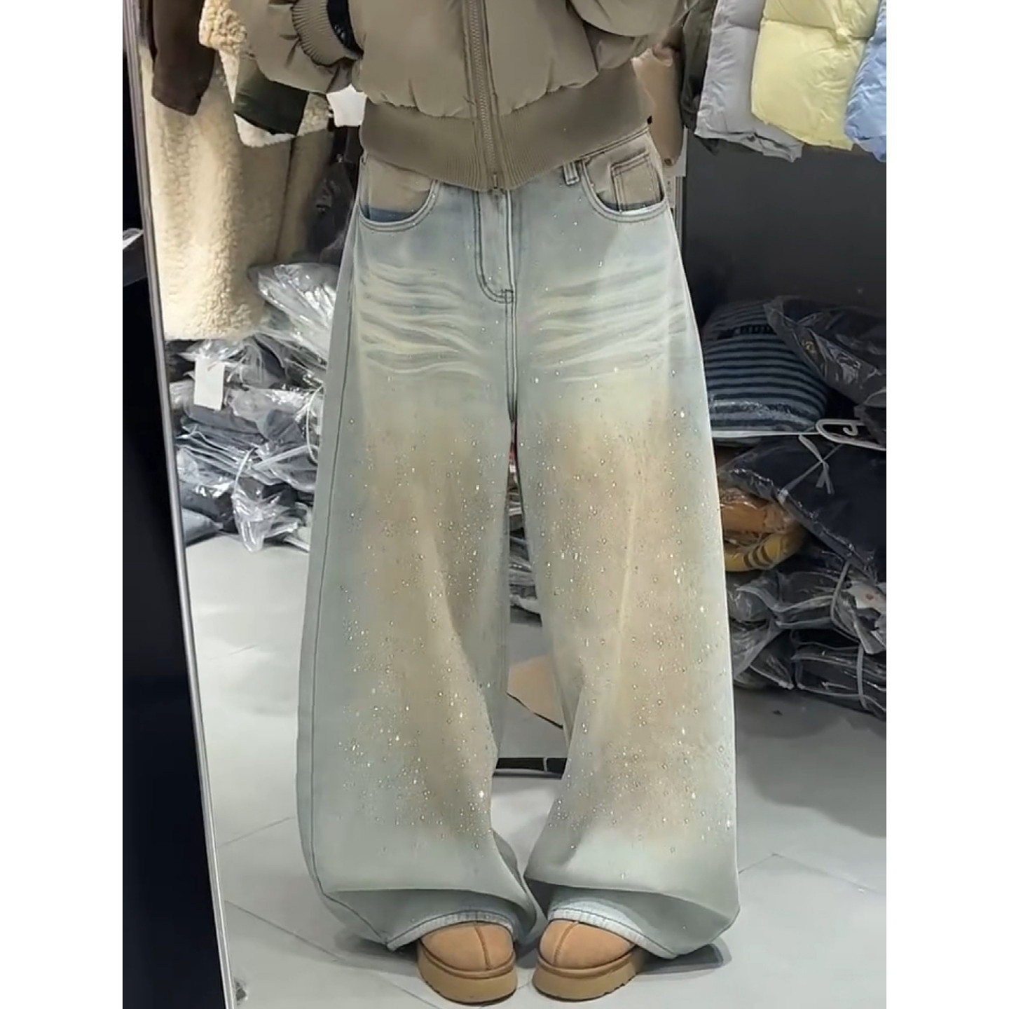 大码美式复古做旧水洗烫钻牛仔裤女秋冬新款宽松显瘦弯刀阔腿长裤,女装/女士精品,大码裤装,淘宝优惠券,粉丝福利购,淘宝优惠卷