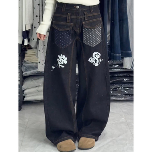 高街宽松弯刀长裤 美式 男女2026新款 波点拼接双口袋牛仔裤 vibe大码