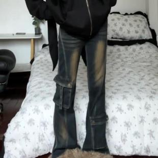 牛仔裤 复古拼接毛绒微喇工装 女秋冬新款 辣妹修身 大码 显瘦长裤 美式