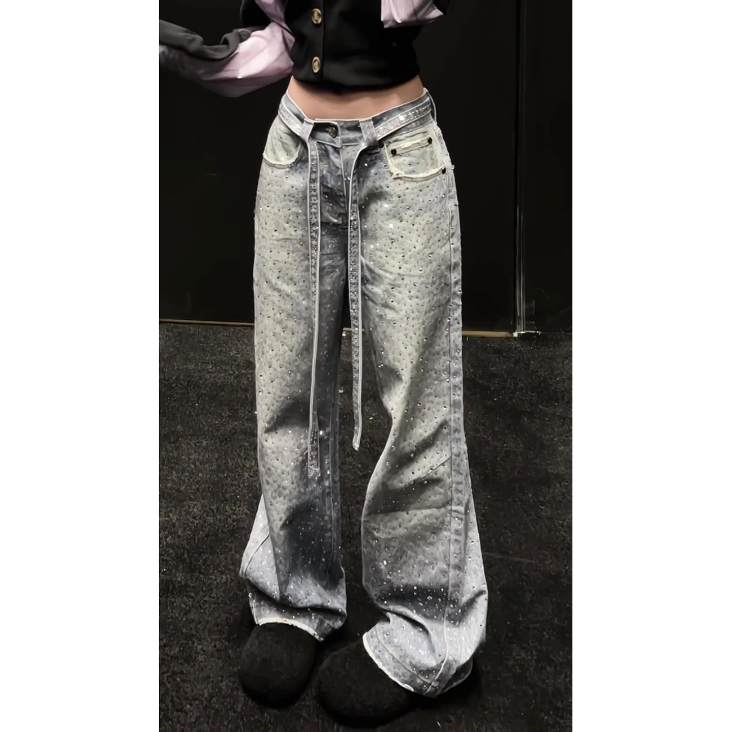 美式大码复古重工满天星牛仔裤