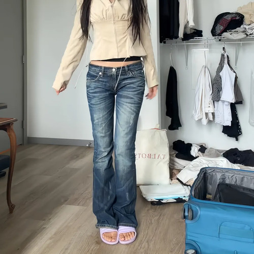 大码复古辣妹低腰微喇牛仔裤显瘦
