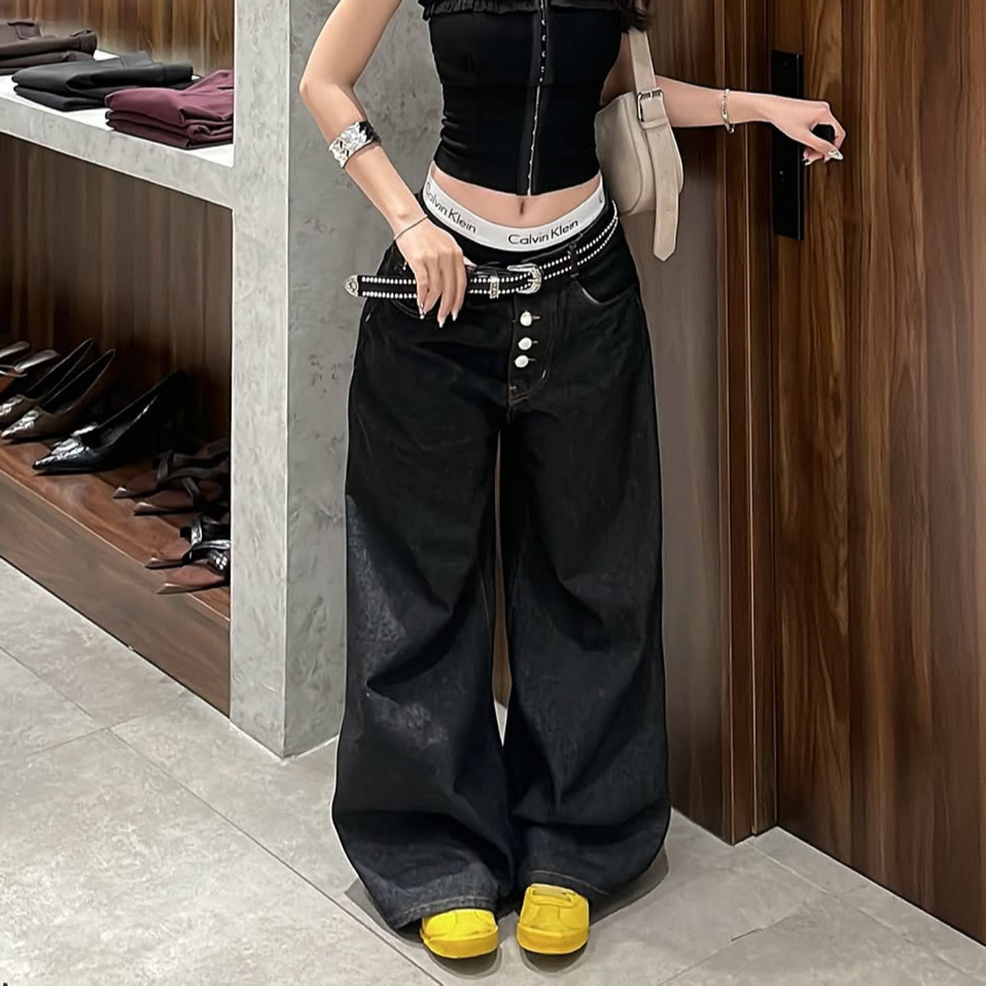 大码美式复古设计排扣牛仔裤