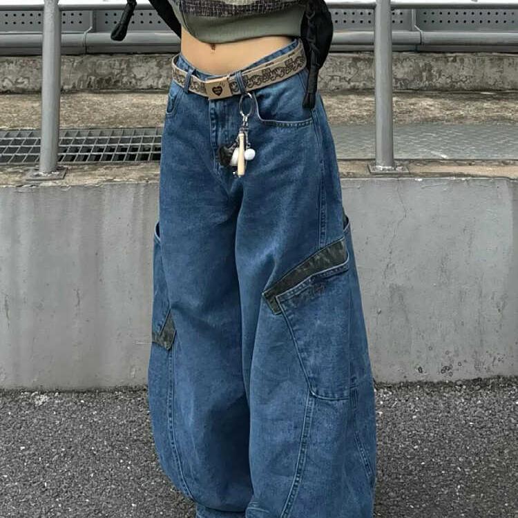 大码美式国潮解构拼接设计牛仔裤男女高街复古弯刀阔腿多口袋长裤