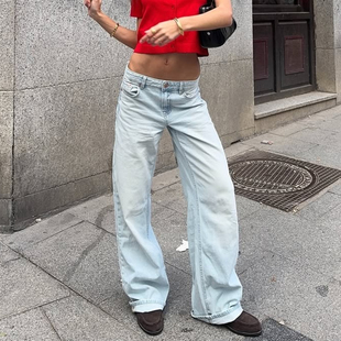 辣妹宽松显瘦阔腿长裤 大码 女2026新款 复古低腰水洗直筒牛仔裤 美式