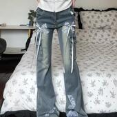 显瘦垂感长裤 美式 潮 2025新款 修身 复古蕾丝蝴蝶结微喇牛仔裤 女大码