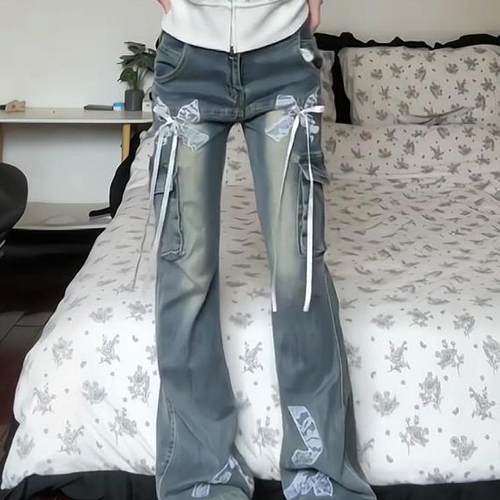 牛仔裤大码美式复古微喇牛仔裤