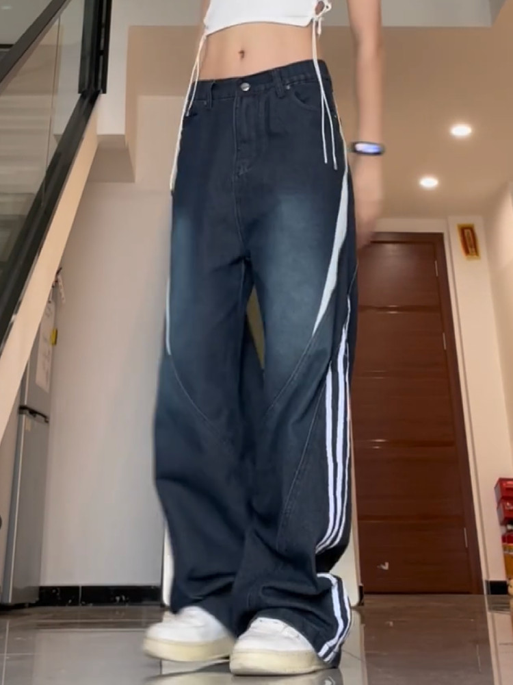 큰 사이즈 아메리칸 바이브 하이 스트리트 워시 스플 라이스 스트라이프 청바지 여성 디자인 루즈 스트레이트 스트레이트 드레이프 와이드 레그 팬츠