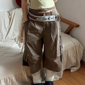 多口袋宽松中裤 大码 水洗褶皱牛仔七分裤 女2025夏新款 美式 复古工装