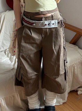 大码美式复古工装水洗褶皱牛仔七分裤女2025夏新款多口袋宽松中裤