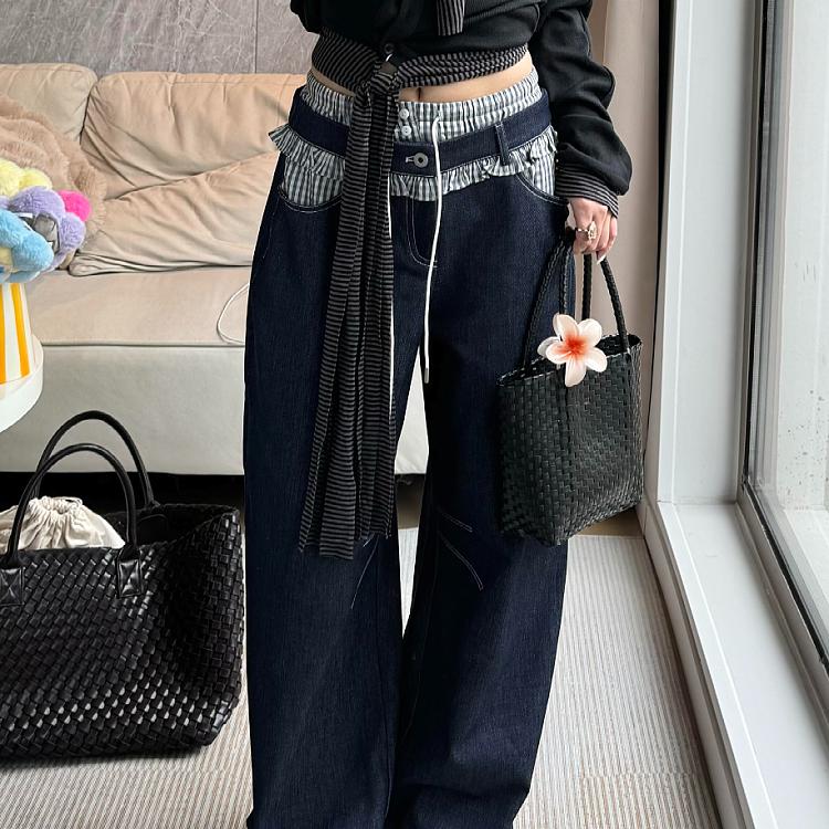 大码美式复古格子双腰头直筒长裤
