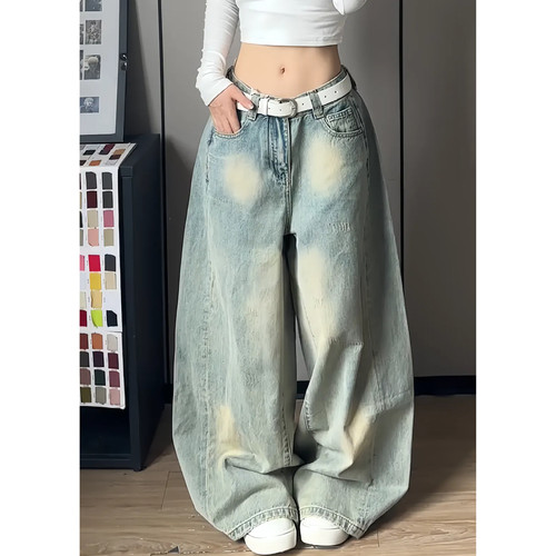 大码做旧弯刀抓痕阔腿牛仔裤女